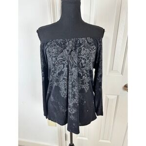 Vtg Vanilla Sugar Black Paisley Y2K Graphic Off Shoulder Long Sleeve Top Small